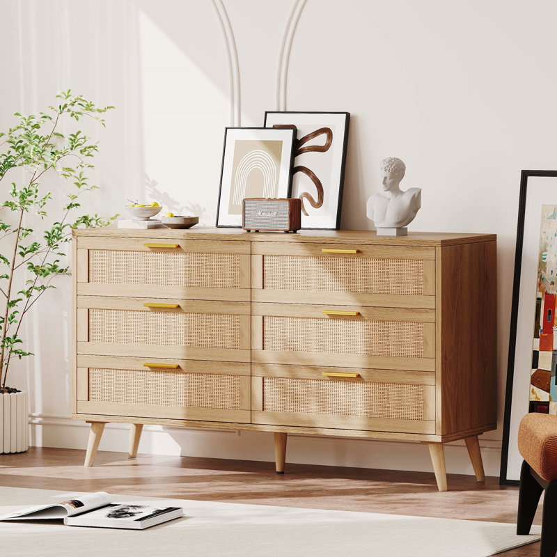 George Oliver Jakoby Rattan 6 Drawer Double Dresser for Bedroom, Chest of Dressers, Modern ...